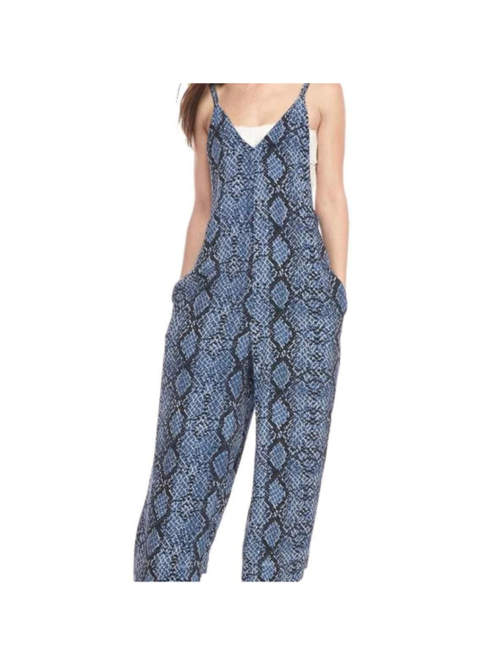 Free People Blue Reptile Print Strappy Oversized Wide Let Jumpsuit Sz. M - Picture 3 of 16